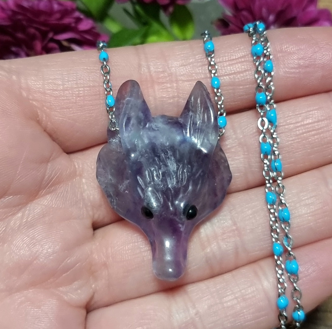 Collar Acero Quirúrgico Lobo Piedra Fluorita #2