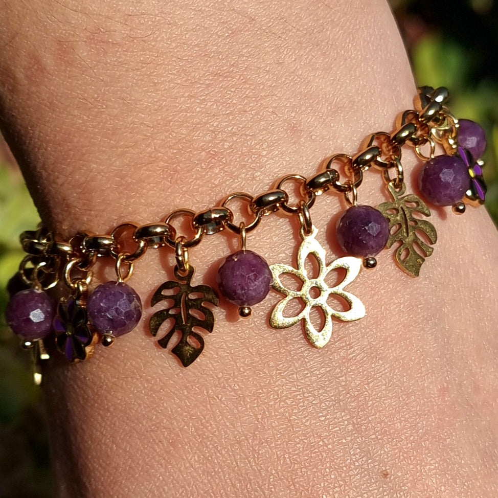 Pulsera Acero Quirúrgico Dorado Piedra Zafiro Morado Facetado