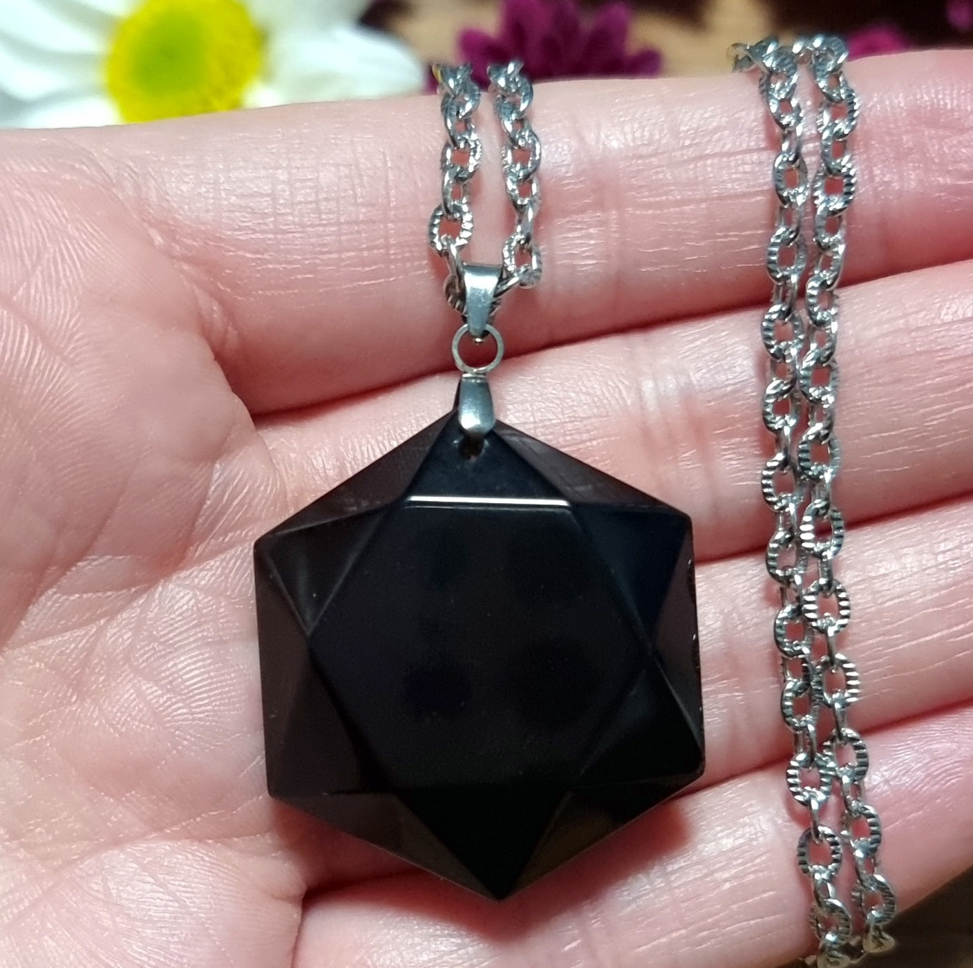 Collar Acero Quirúrgico Piedra Obsidiana Negra Hexagonal