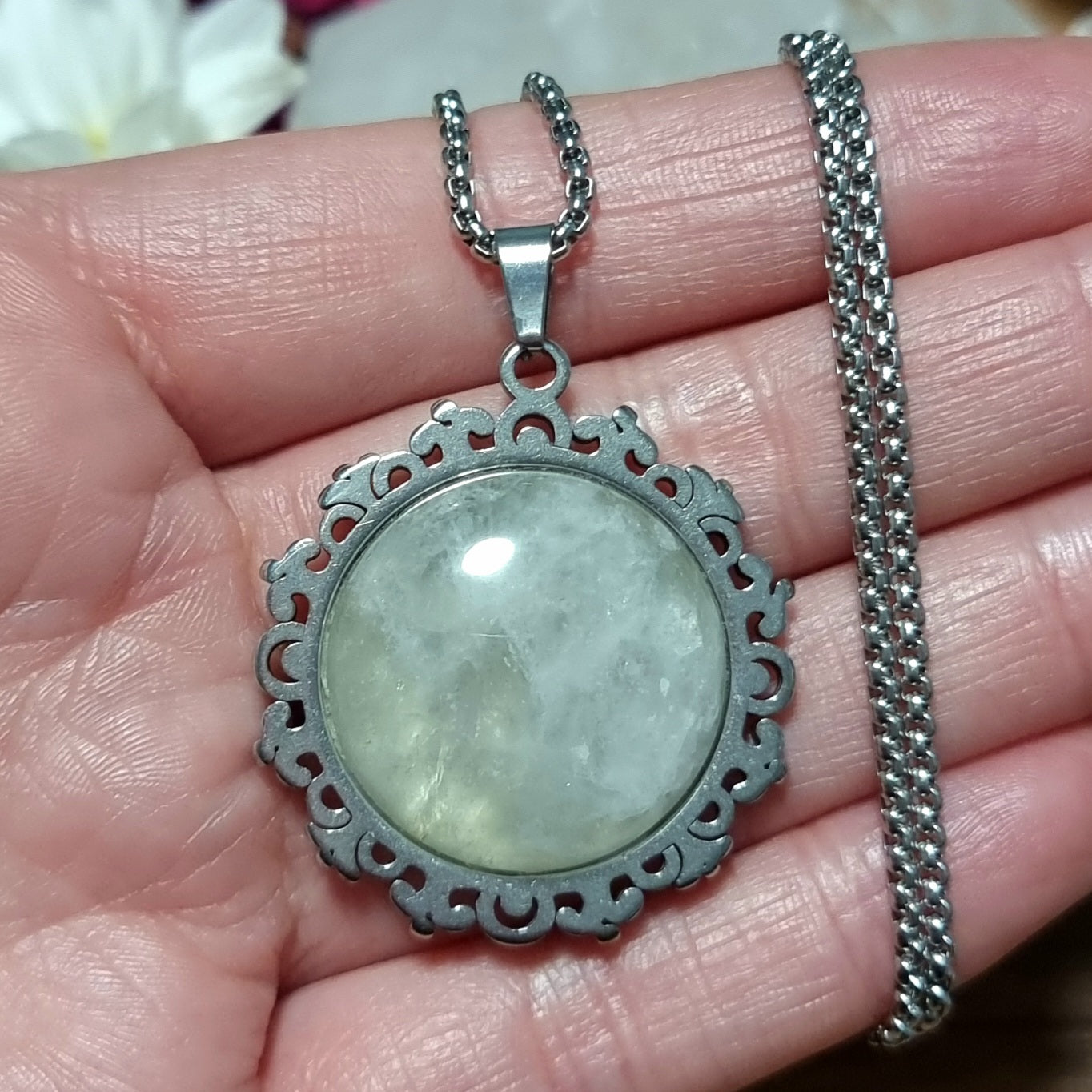 Collar Flor Acero Quirúrgico Cuarzo Cristal