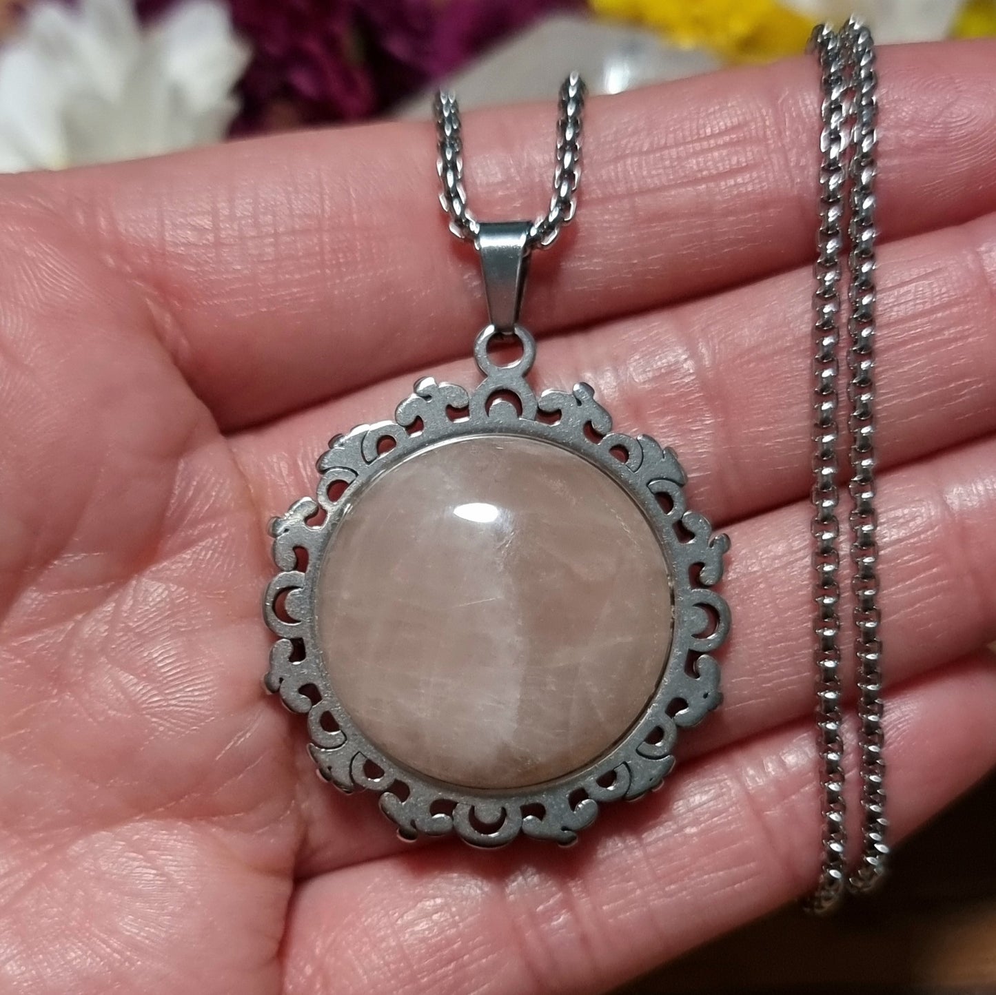 Collar Flor Acero Quirúrgico Cuarzo Rosa #1