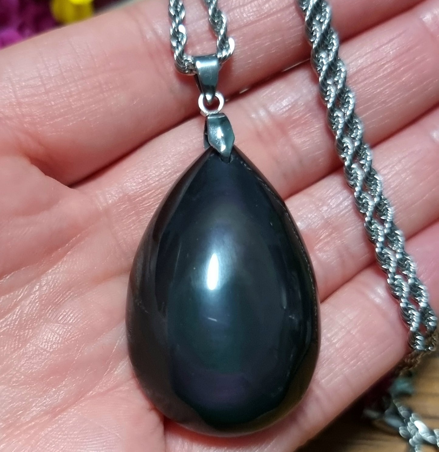 Collar Acero Quirúrgico Piedra Obsidiana Arcoíris XL Alta Calidad