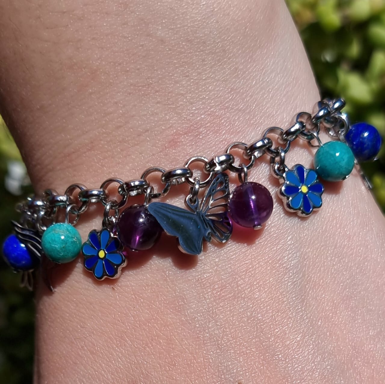 Pulsera Acero Quirúrgico Primavera Piedra Aguamarina, Madera Petrificada Rosada, Lapislázuli, Amazonita y Amatista