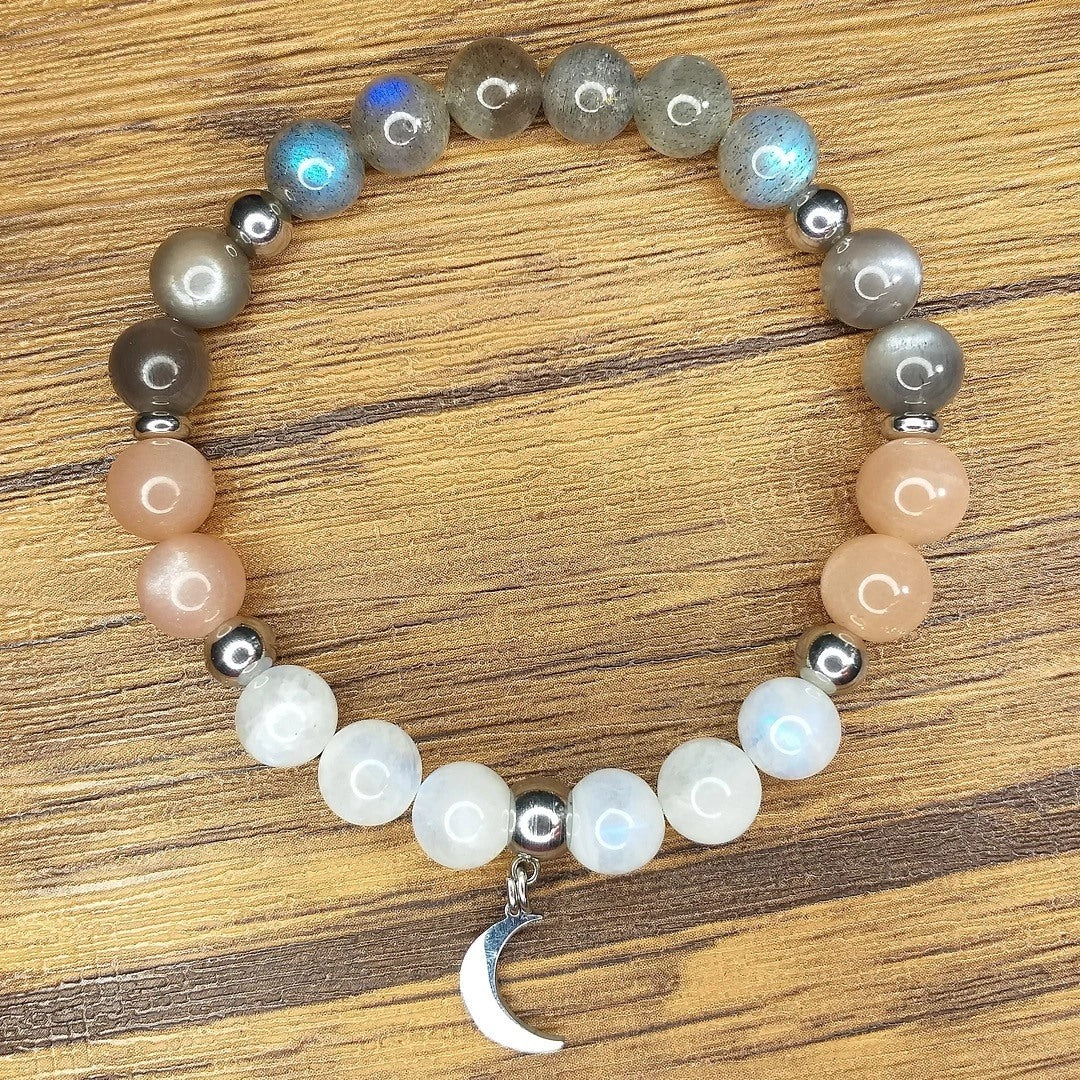 Pulsera Acero Quirúrgico Labradorita, Piedra Luna Gris, Piedra Luna Durazno y Piedra Luna Arcoíris