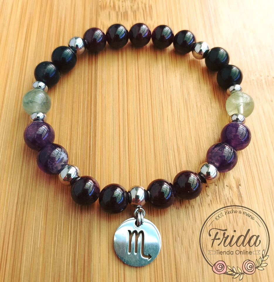 Pulsera Acero Quirúrgico Signo Escorpio♏ Piedra Granate, Obsidiana Negra, Fluorita y Amatista
