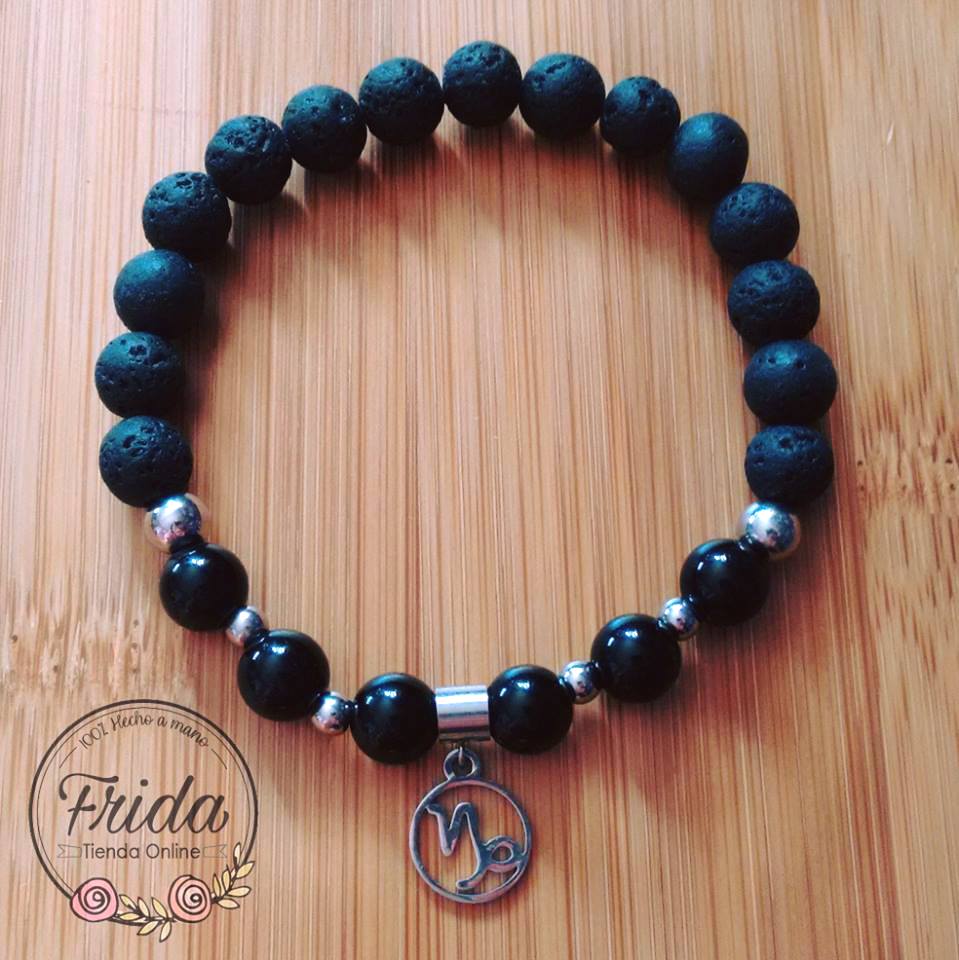 Pulsera Acero Quirúrgico Signo Capricornio♑ Piedra Ónix y Lava Volcánica