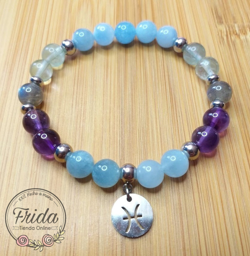 Pulsera Acero Quirúrgico Signo Piscis♓ Piedra Aguamarina, Fluorita, Labradorita y Amatista
