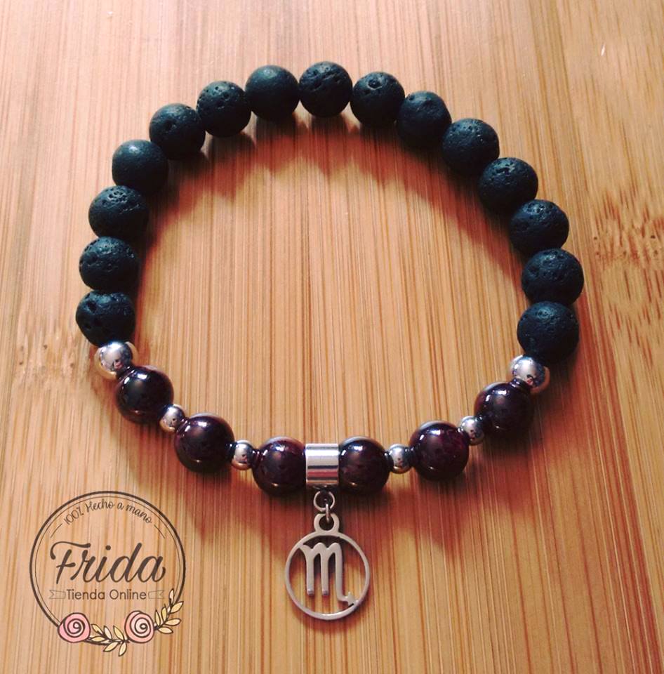 Pulsera Acero Quirúrgico Signo Escorpio♏ Piedra Granate y Lava Volcánica