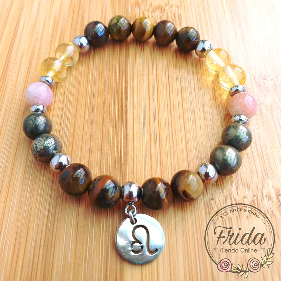 Pulsera Acero Quirúrgico Signo Leo♌ Piedra Ojo de Tigre, Citrino, Piedra del Sol y Pirita