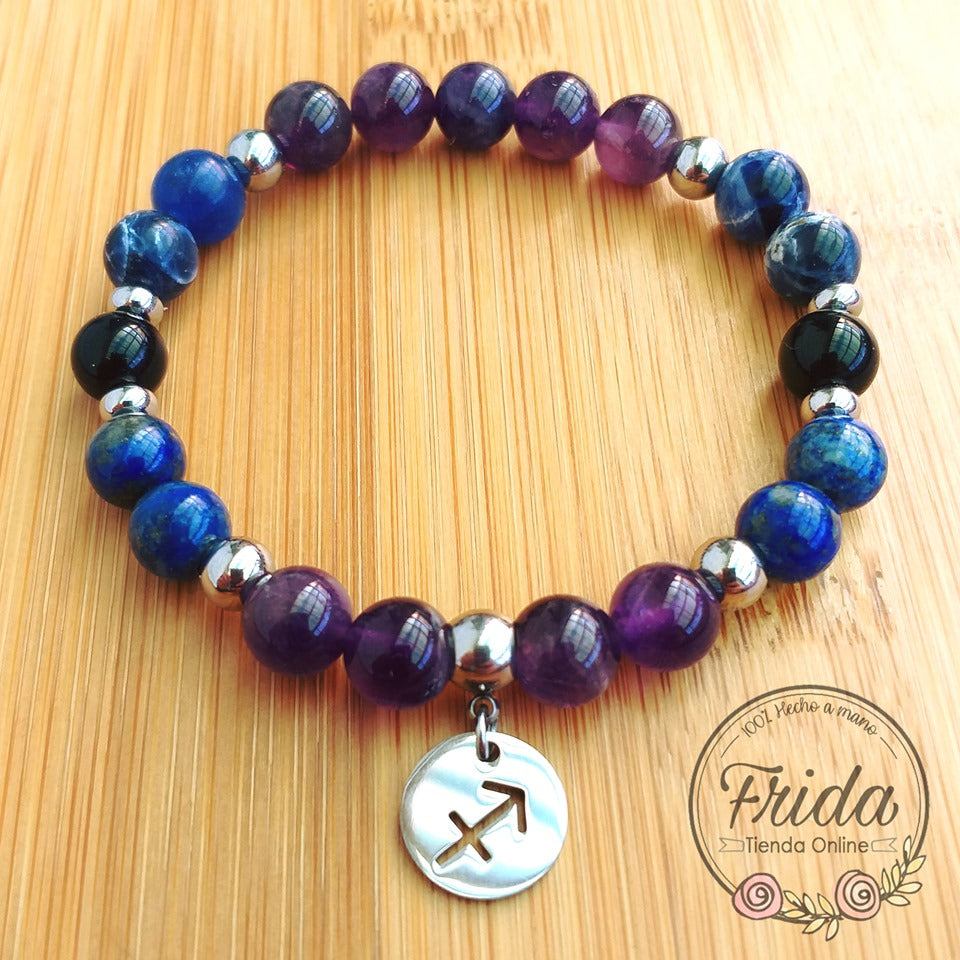 Pulsera Acero Quirúrgico Signo Sagitario♐ Piedra Amatista, Sodalita, Ónix y Lapislázuli