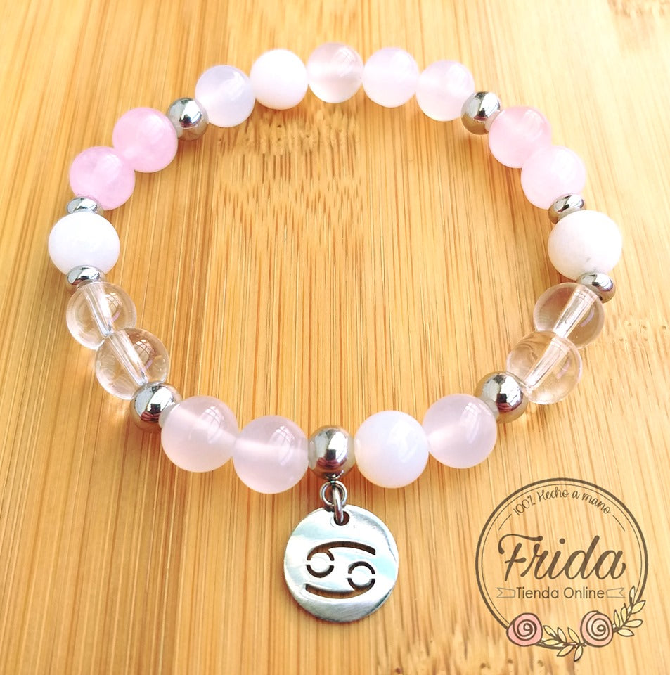 Pulsera Acero Quirúrgico Signo Cáncer♋ Cuarzo Blanco, Cuarzo Rosa, Piedra Luna y Cuarzo Cristal