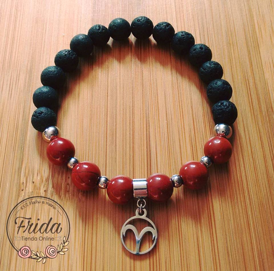 Pulsera Acero Quirúrgico Signo Aries♈ Piedra Jaspe Rojo y Lava Volcánica