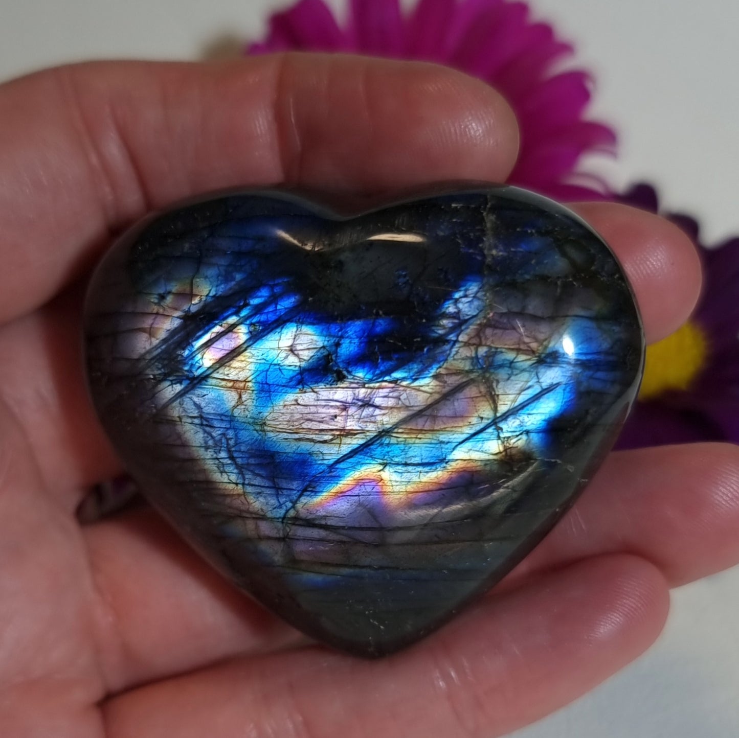 Corazón de Piedra Labradorita Azul y Multiflash por ambos lados