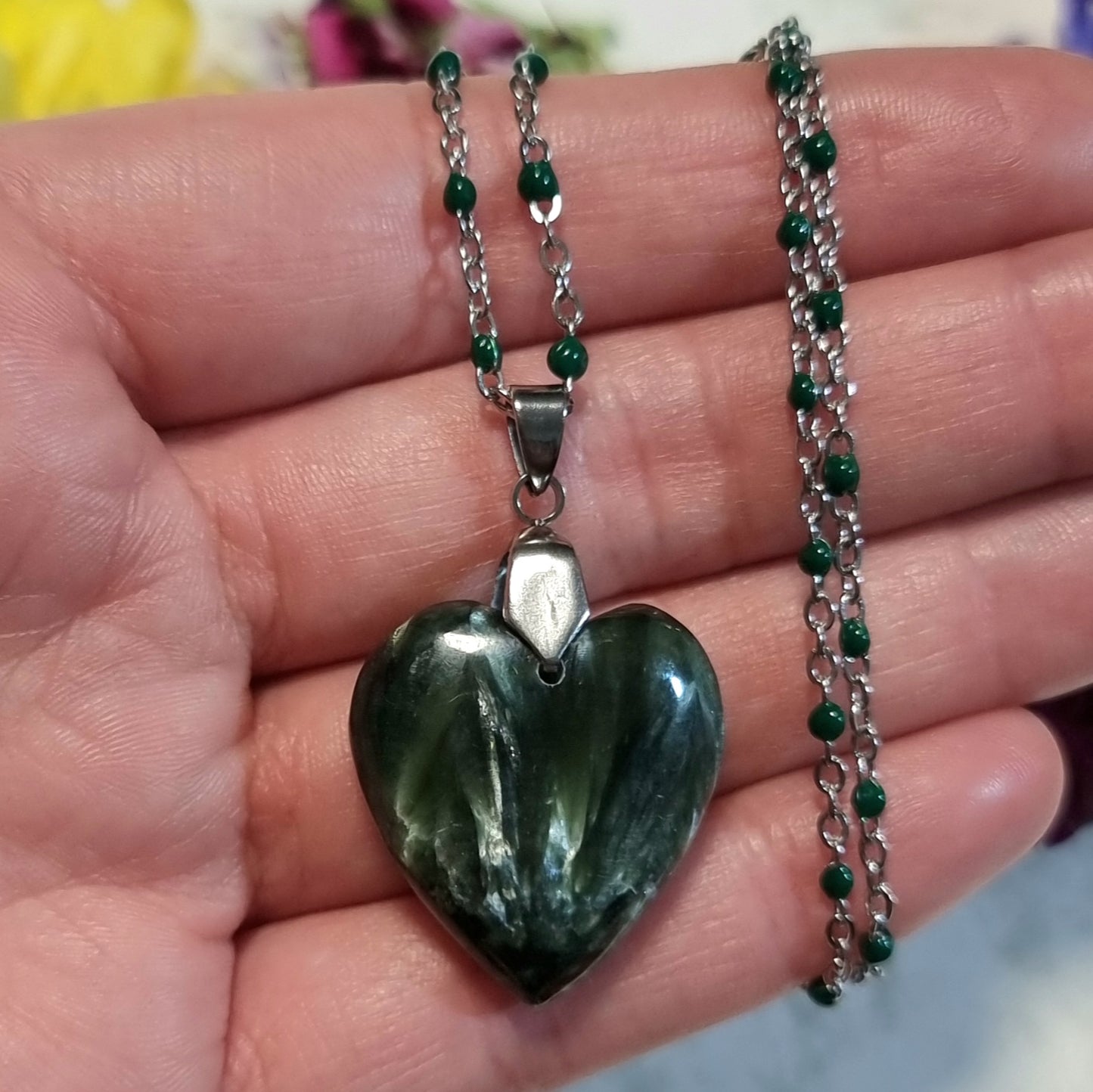 Collar Acero Quirúrgico Corazón de Piedra Serafinita Alta Calidad #2