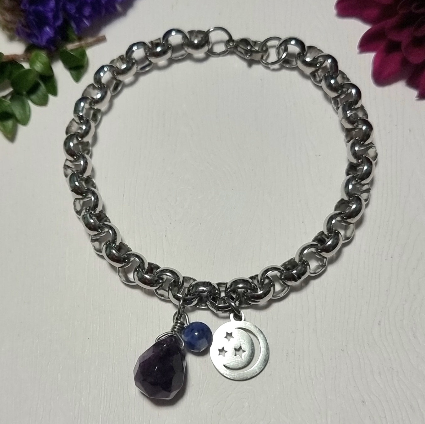 Pulsera Acero Quirúrgico Piedra Amatista y Sodalita