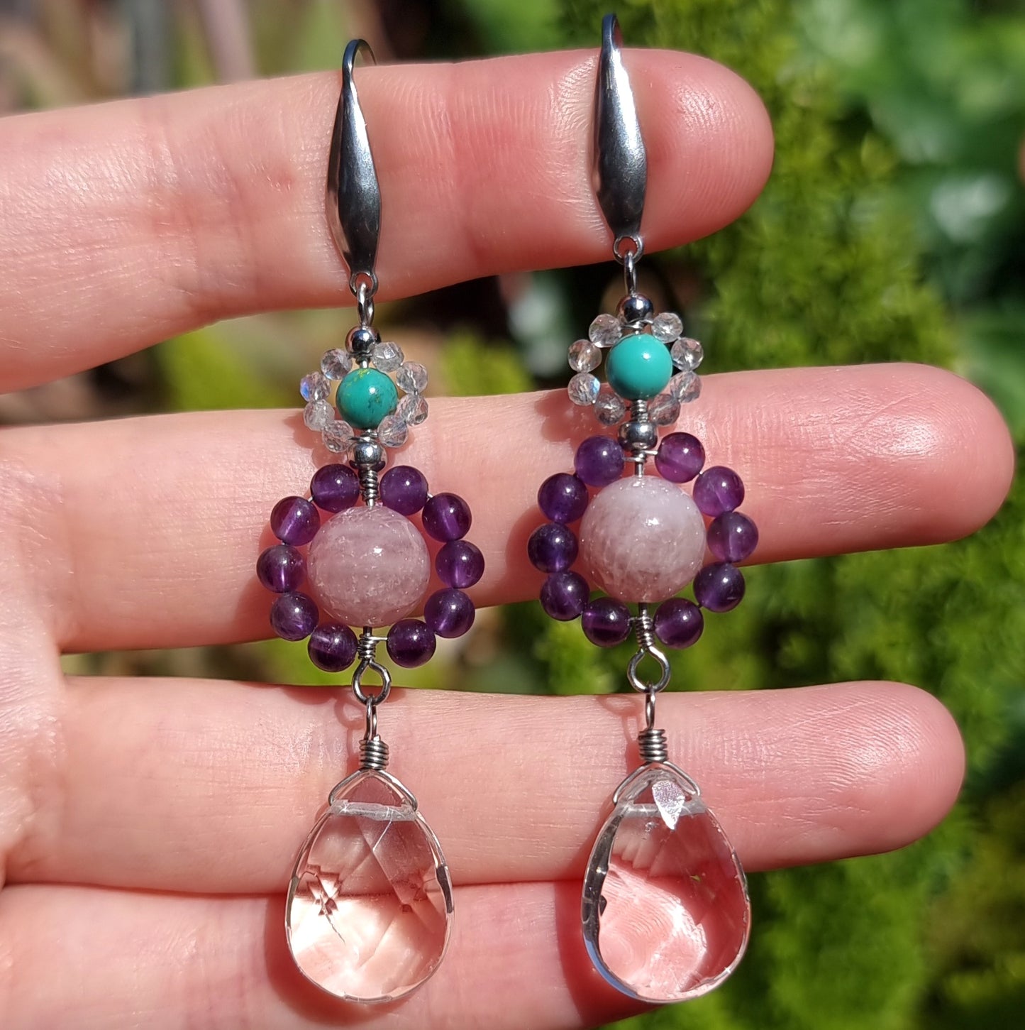 Aros Flor Cuarzo Cristal, Cuarzo Rosa, Amatista, Labradorita y Turquesa Acero Quirúrgico