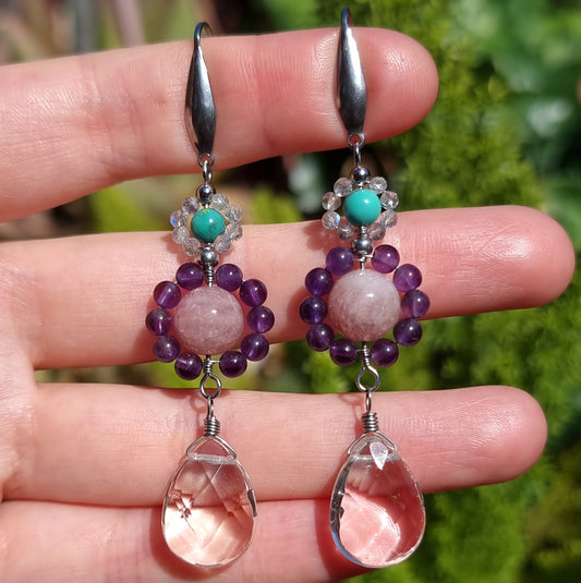 Aros Flor Cuarzo Cristal, Cuarzo Rosa, Amatista, Labradorita y Turquesa Acero Quirúrgico