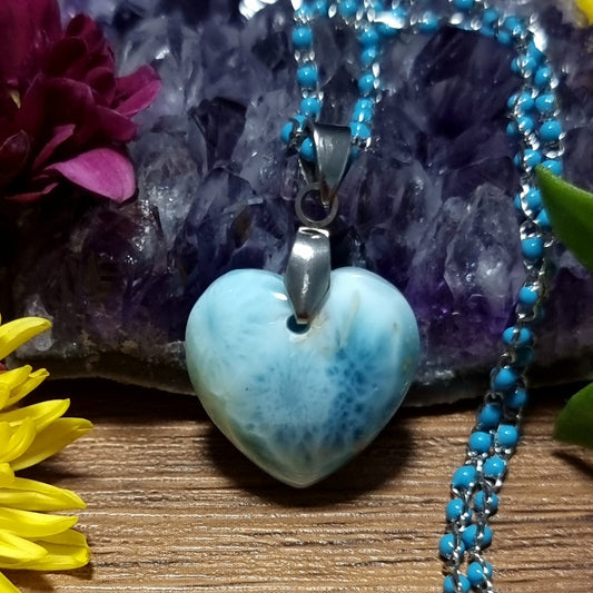 Collar Acero Quirúrgico Corazón de Piedra Larimar Alta Calidad