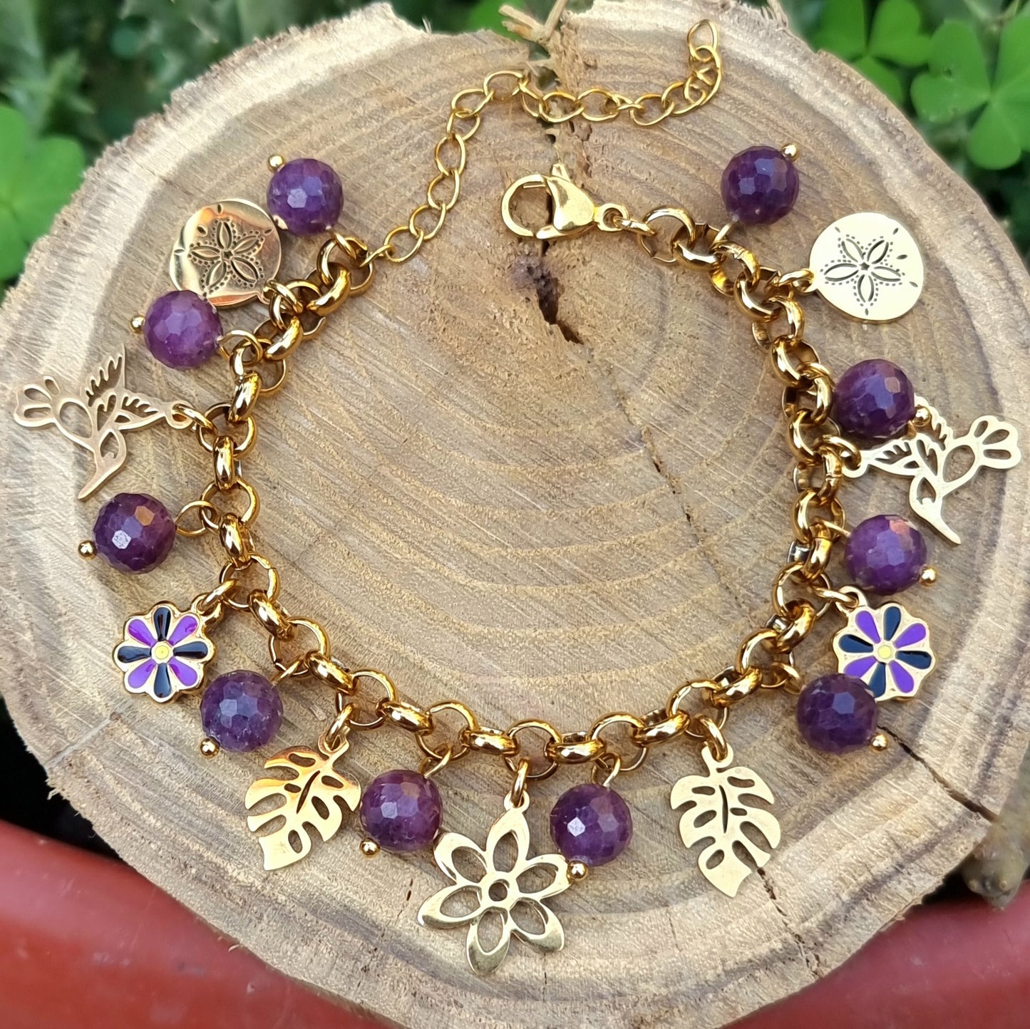 Pulsera Acero Quirúrgico Dorado Piedra Zafiro Morado Facetado