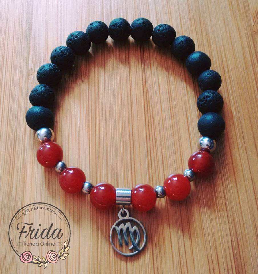 Pulsera Acero Quirúrgico Signo Virgo♍ Piedra Cornalina y Lava Volcánica