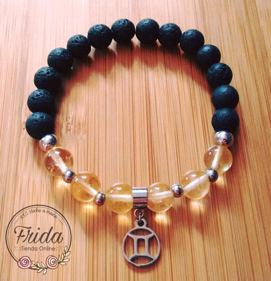 Pulsera Acero Quirúrgico Signo Géminis♊ Piedra Citrino y Lava Volcánica