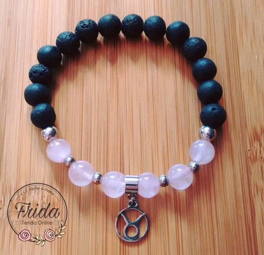 Pulsera Acero Quirúrgico Signo Tauro♉ Cuarzo Rosa y Lava Volcánica