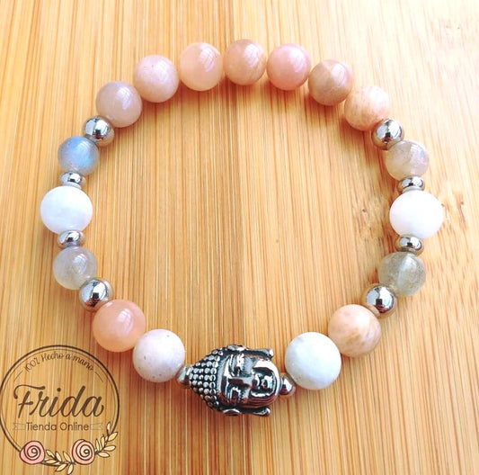 Pulsera Acero Quirúrgico Buda Gautama Piedra Luna Durazno, Piedra Luna y Labradorita