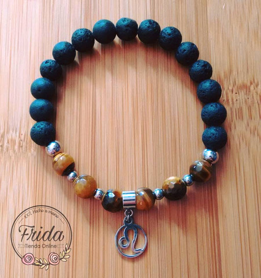 Pulsera Acero Quirúrgico Signo Leo♌ Piedra Ojo de Tigre y Lava Volcánica