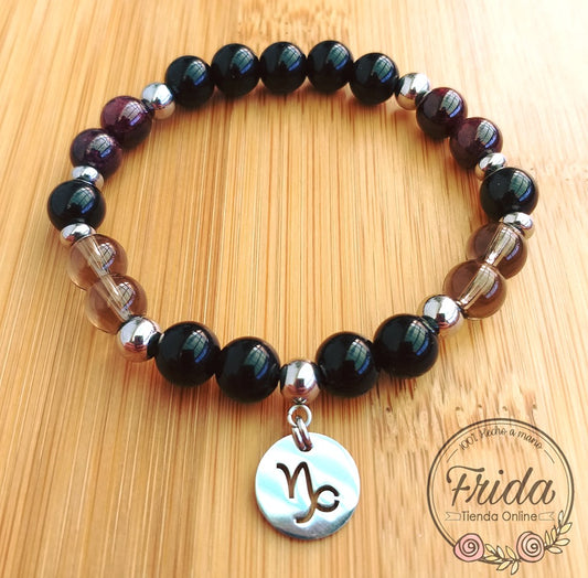 Pulsera Acero Quirúrgico Signo Capricornio♑ Piedra Ónix, Granate, Turmalina Negra y Cuarzo Ahumado