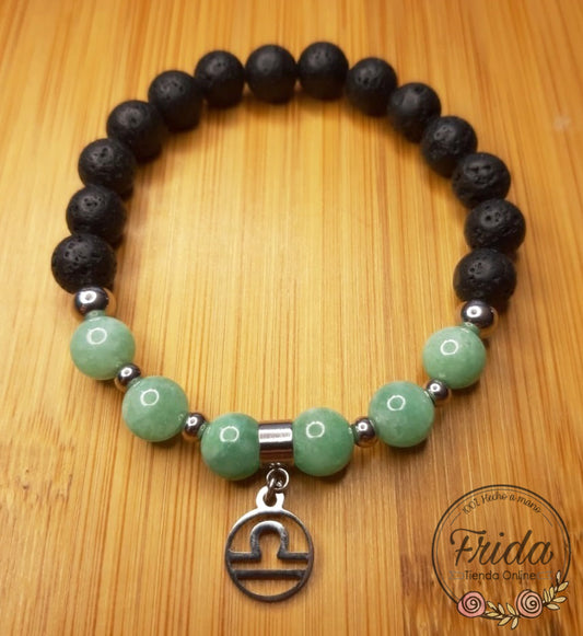 Pulsera Acero Quirúrgico Signo Libra♎ Piedra Jade Verde y Lava Volcánica