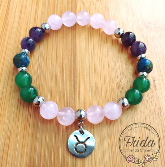 Pulsera Acero Quirúrgico Signo Tauro♉ Cuarzo Rosa, Amatista, Crisocola y Aventurina