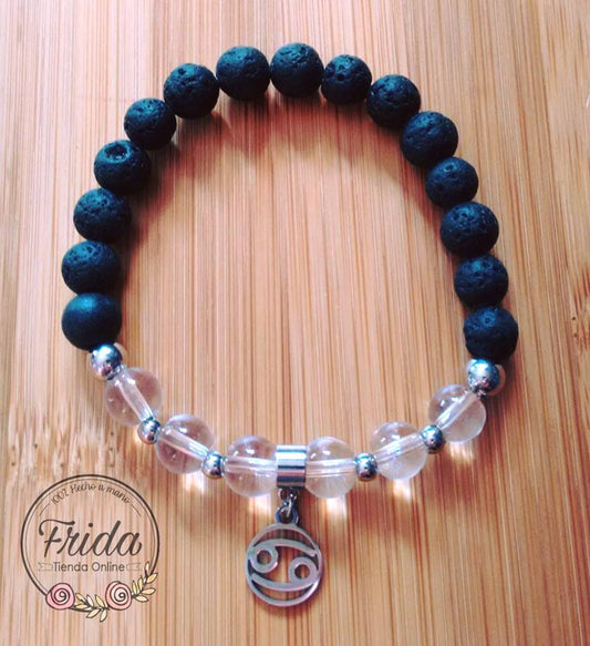 Pulsera Acero Quirúrgico Signo Cáncer♋ Cuarzo Cristal y Lava Volcánica