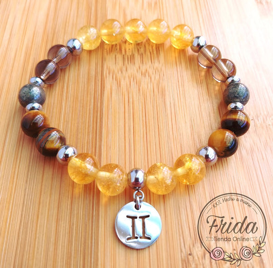 Pulsera Acero Quirúrgico Signo Géminis♊ Piedra Citrino, Cuarzo Ahumado, Pirita y Ojo de Tigre