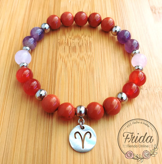 Pulsera Acero Quirúrgico Signo Aries♈ Piedra Jaspe Rojo, Amatista, Cuarzo Rosa y Cornalina