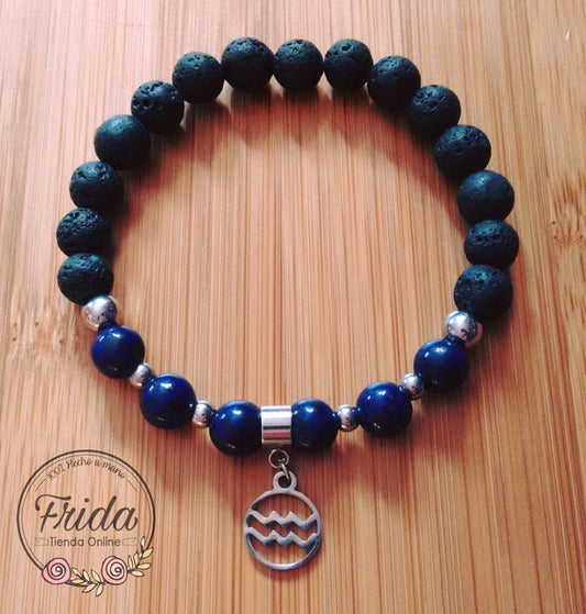 Pulsera Acero Quirúrgico Signo Acuario♒ Piedra Lapislázuli y Lava Volcánica