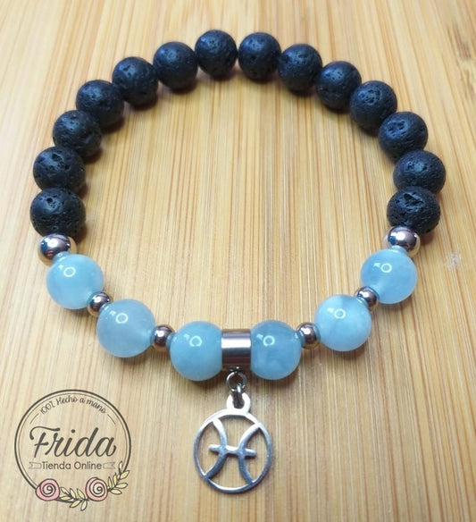 Pulsera Acero Quirúrgico Signo Piscis♓ Piedra Aguamarina y Lava Volcánica