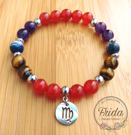 Pulsera Acero Quirúrgico Signo Virgo♍ Piedra Cornalina, Amatista, Sodalita y Ojo de Tigre