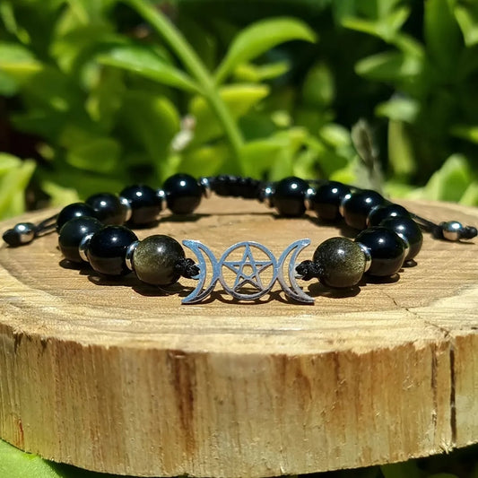 Pulsera Acero Quirúrgico Triple Luna Piedra Obsidiana Dorada, Turmalina Negra, Obsidiana Arcoíris y Ónix